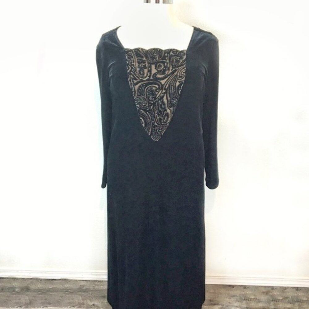 Vintage Holiday Gown Dress Stretch Velvet Beaded Lace Gown Plus sz 20 Black